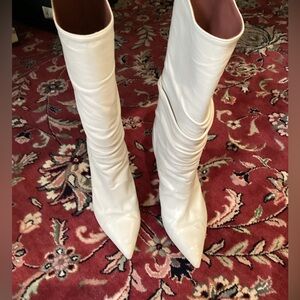 Amina Muaddi White Pointed Toe Slouchy Knee Boots